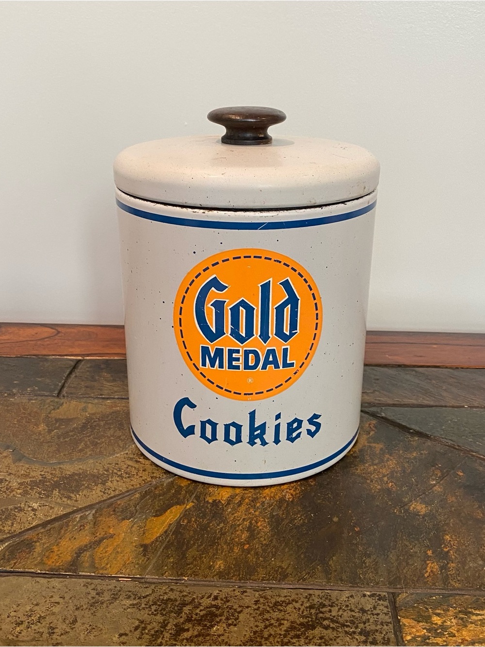 Vintage Gold Metal White & Blue Tin Cookie Jar Canister